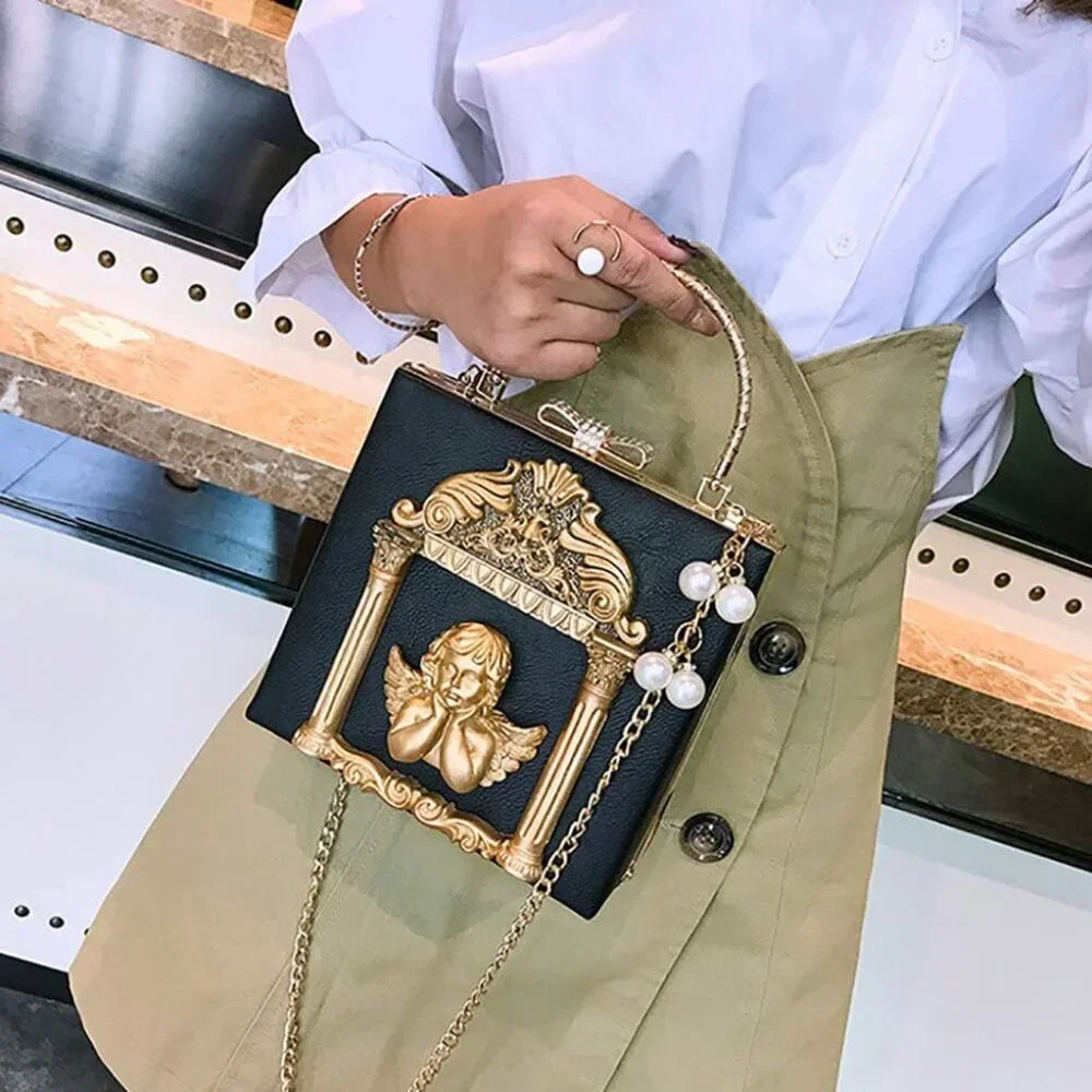 ⚡Women's Rose Embossed Love Angel Evening Formal Black Gold Crossbody Clutch Bag